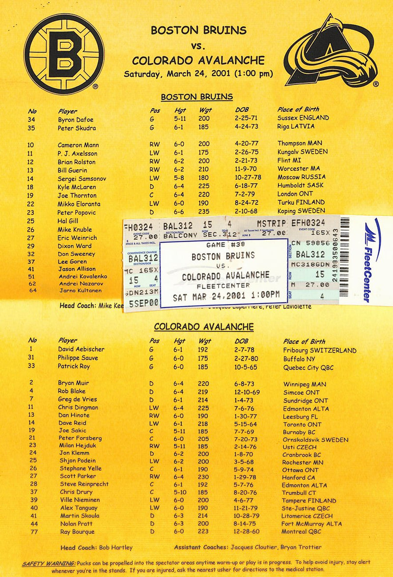March 24 2001 Boston Bruins vs Colarado Avalanche Program + Ticket Stub 182027