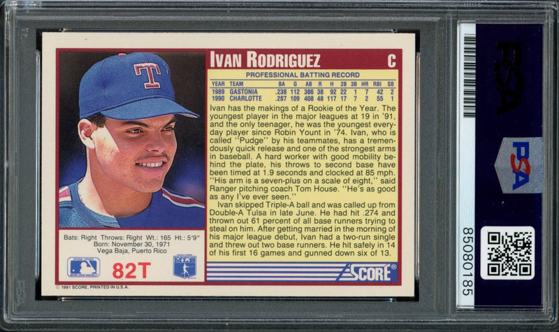 Ivan Rodriguez HOF Autographed 1991 Score Rookie Card #82T Rangers PSA/DNA