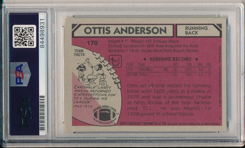 Ottis Anderson Cardinals Signed 2001 TOPPS Archives Card #170 PSA/DNA 165988