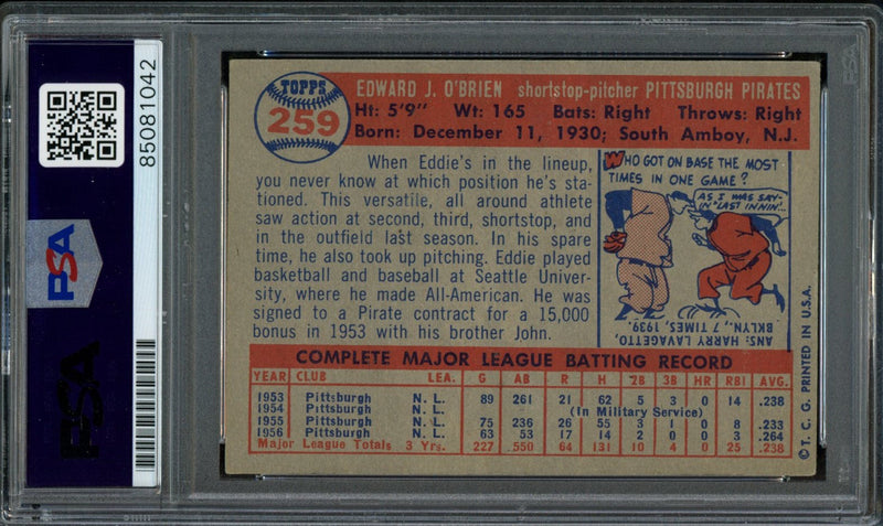Eddie O'Brien Signed 1957 Topps Trading Card #259 Pirates PSA/DNA 183592