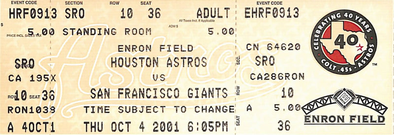 Barry Bonds Homerun #70 Full Ticket Giants vs Astors 10/4/2001 187603