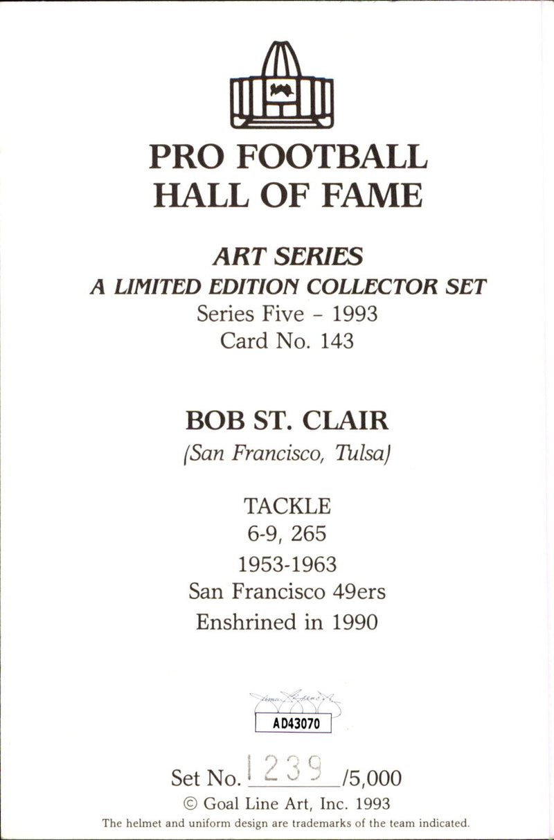 Bob St. Clair HOF Autographed Goal Line Art GLAC Postcard 49ers JSA