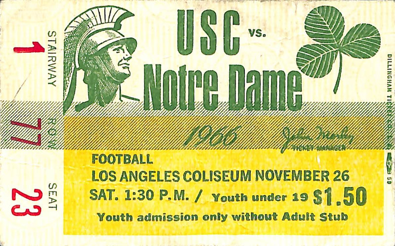 November 26, 1966 USC  vs. Notre Dame College Football Game Ticket Stub 189470