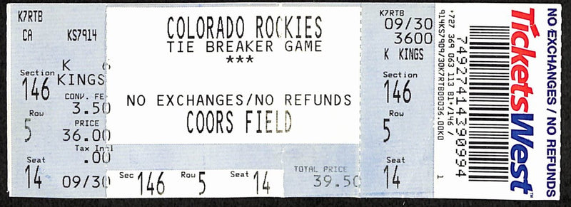 2007 NL Wild Card Tiebreaker Full Ticket Rockies 9 v Padres 8 10/1/2007 187525