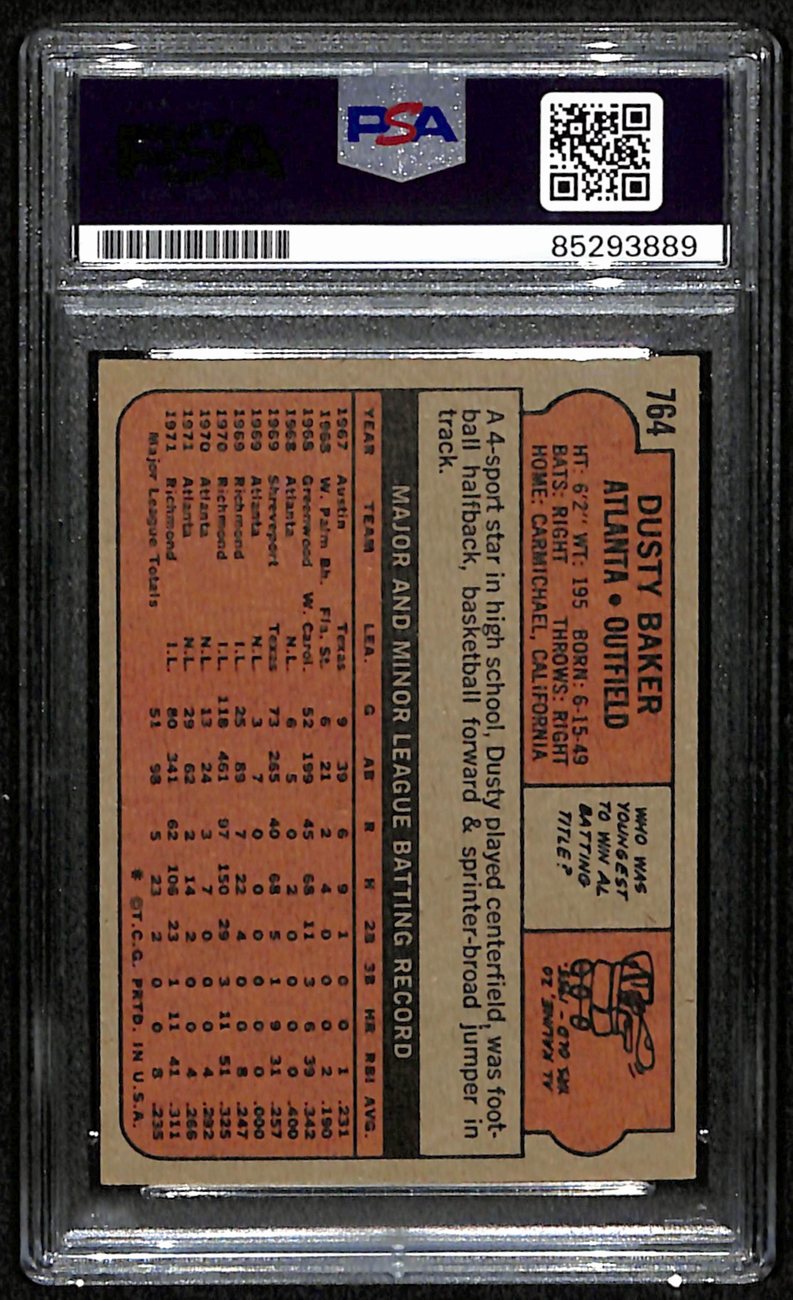 Dusty Baker Signed/Autographed 1972 Topps Card #764 Braves PSA/DNA 190661
