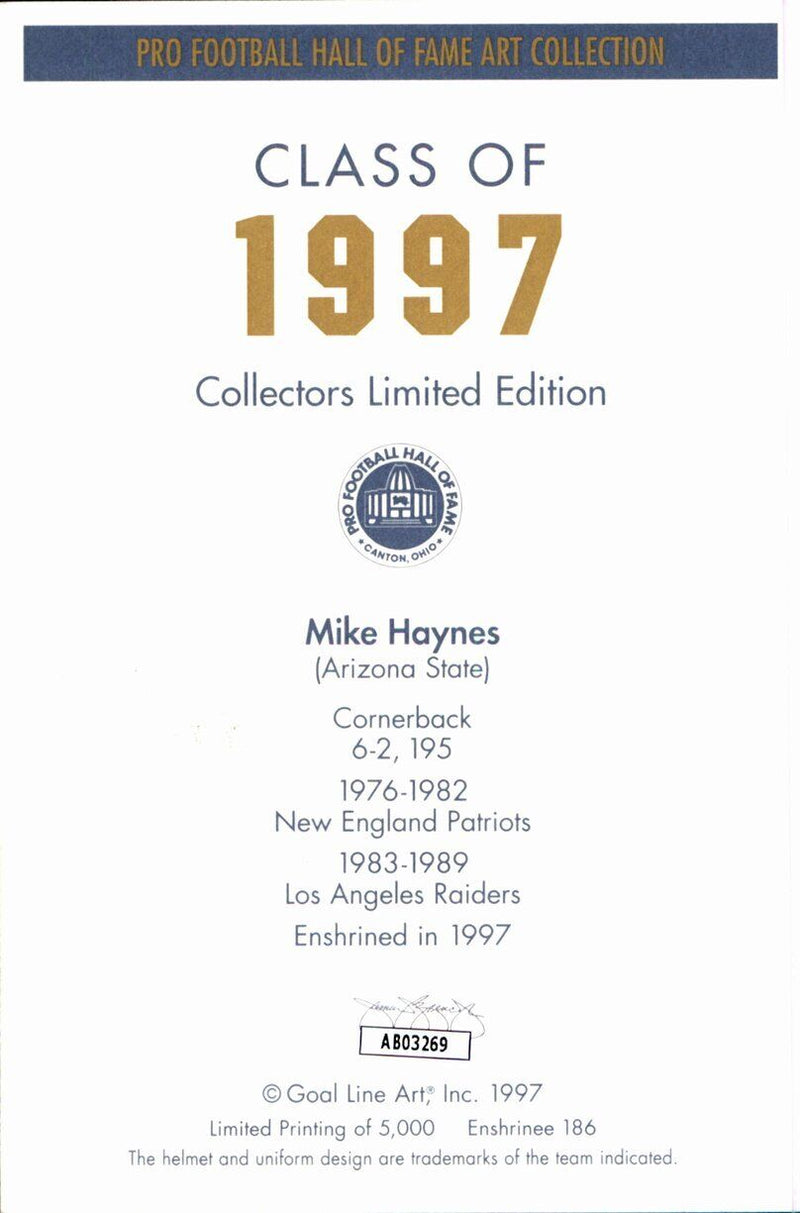Mike Haynes HOF Raiders Signed/Inscr Goal Line Art GLAC Postcard JSA 167159