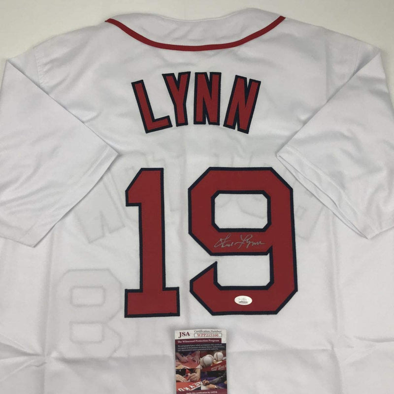 Autographed/Signed Fred Lynn Boston White Baseball Jersey JSA COA