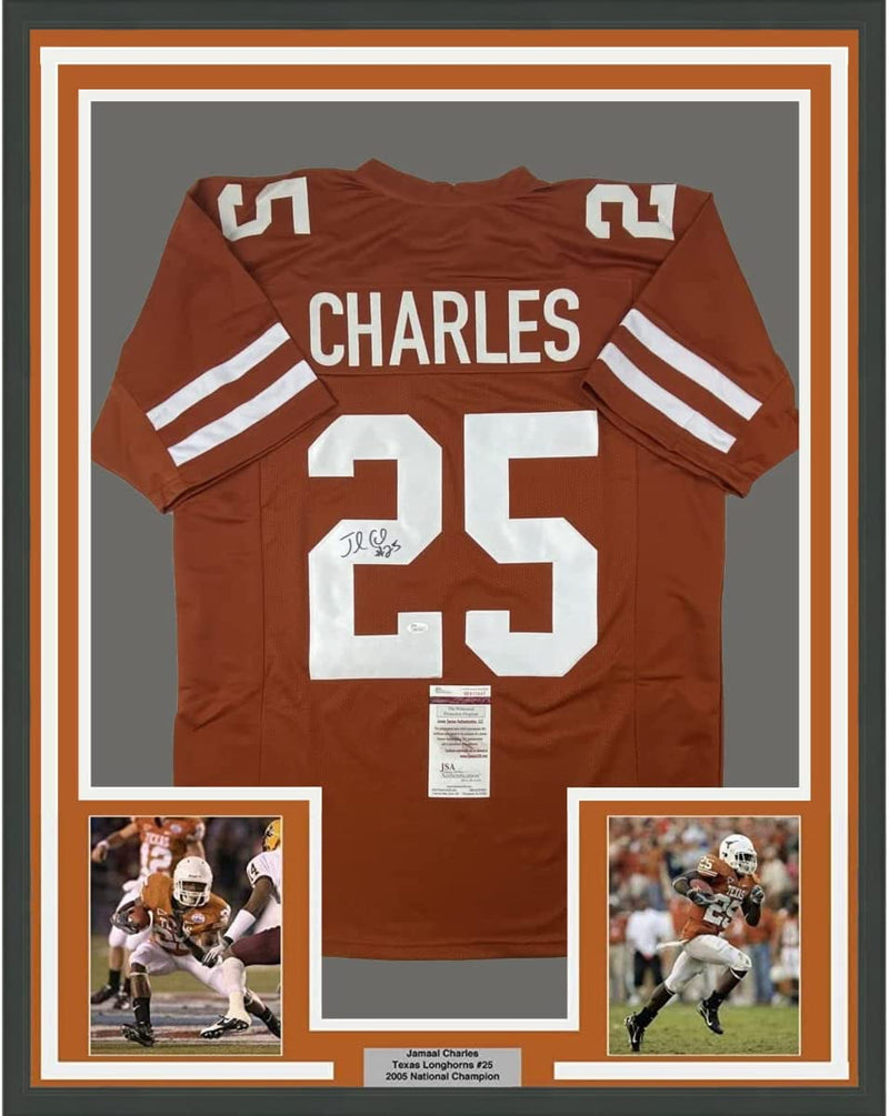 Framed Autographed/Signed Jamaal Charles 35x39 Texas Orange College Football Jersey JSA COA