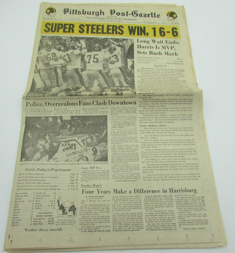 The Pittsburgh Post-Gazette 1975 Steelers SUPER BOWL IX Newspaper 142554