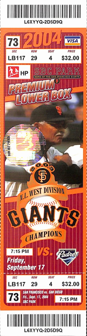Barry Bonds Home Run #700 Full Ticket SBC Hologram Giants 9/17/2004 187554