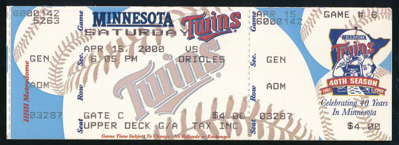Cal Ripken 3000th Hit April 15, 2000 Full Ticket Twins vs. Orioles 188496