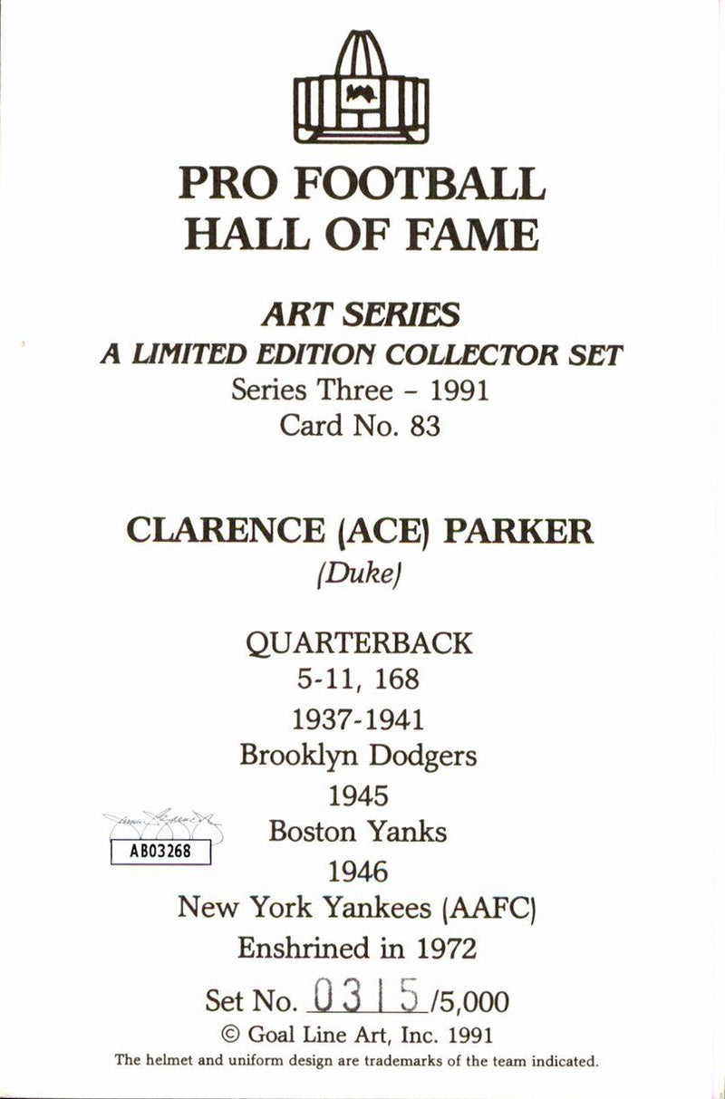 Clarence Parker HOF Yankees Signed/Inscr Goal Line Art GLAC Postcard JSA 167158