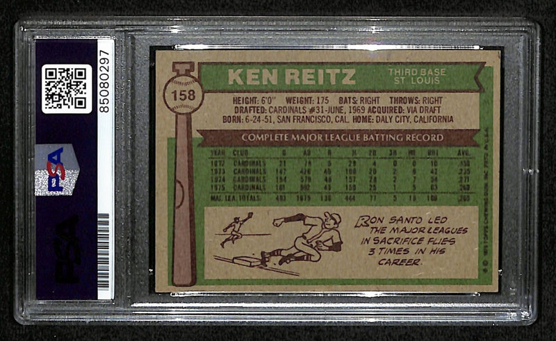 Ken Reitz Signed 1976 Topps Card #158 St. Louis Cardinals PSA/DNA 184415