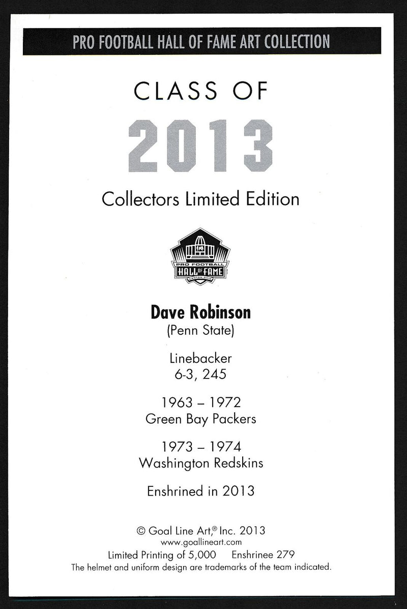Dave Robinson HOF Packers Signed/Inscr 2013 Goal Line Art GLAC Postcard 163104