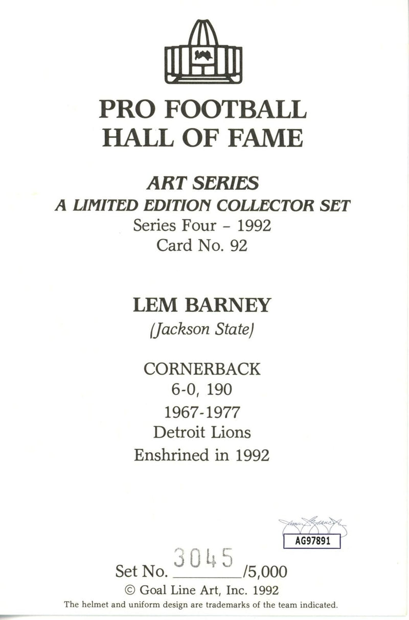 Lem Barney HOF Autographed/Inscr Goal Line Art GLAC Postcard Detroit Lions JSA