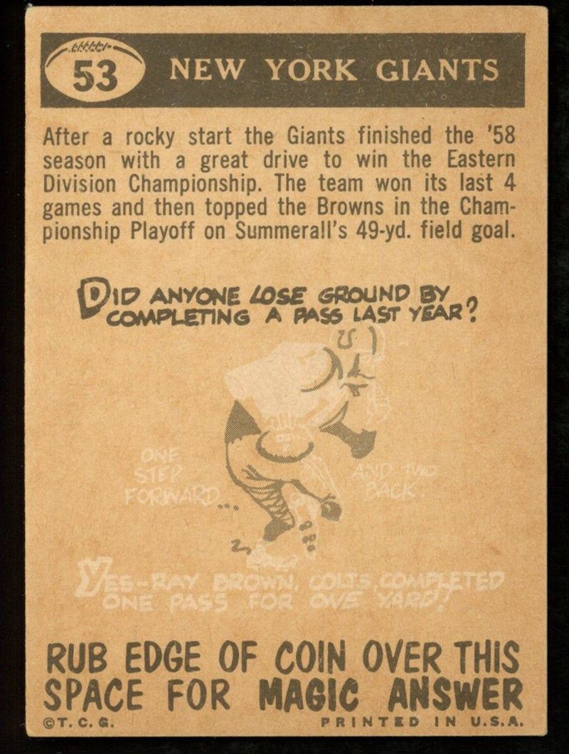 1959 TOPPS Football Card #53 Signed/Auto Al Barry New York Giants