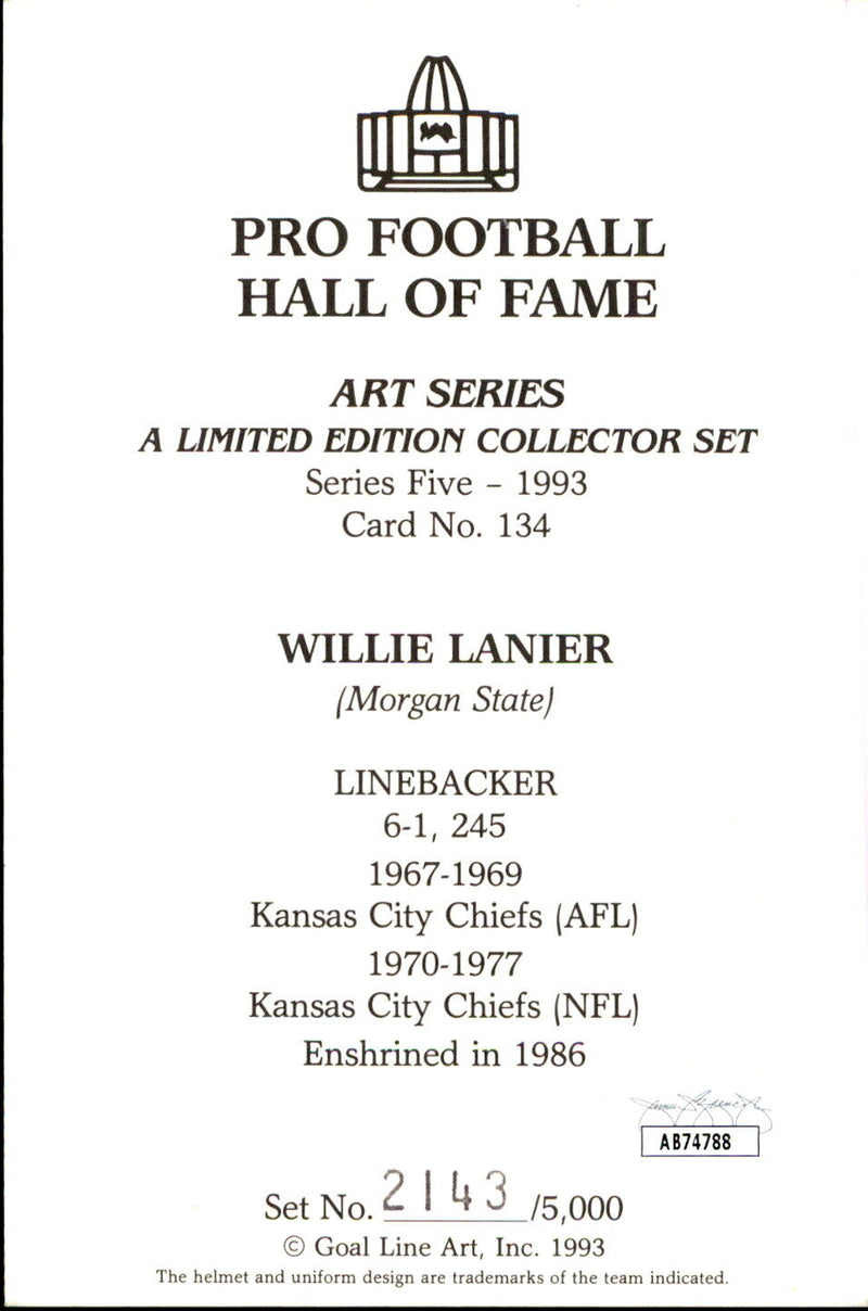 Willie Lanier HOF Autographed Goal Line Art GLAC Postcard Kansas City Chiefs JSA