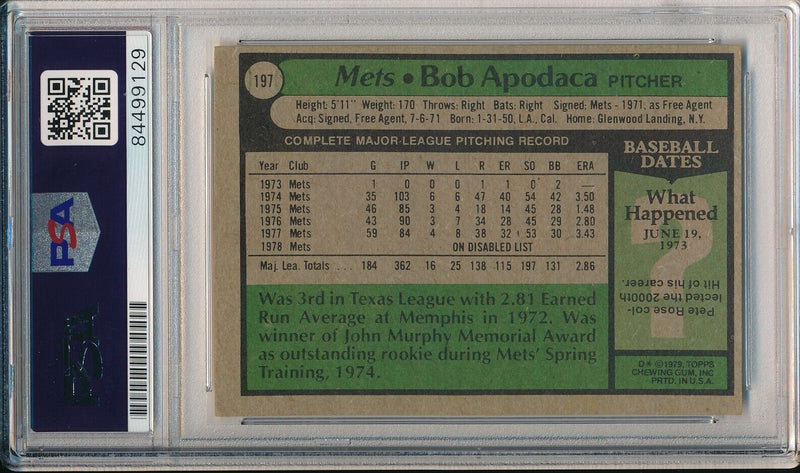 Bob Apodaca New York Mets Signed/Auto 1979 TOPPS Card #197 PSA/DNA 166102