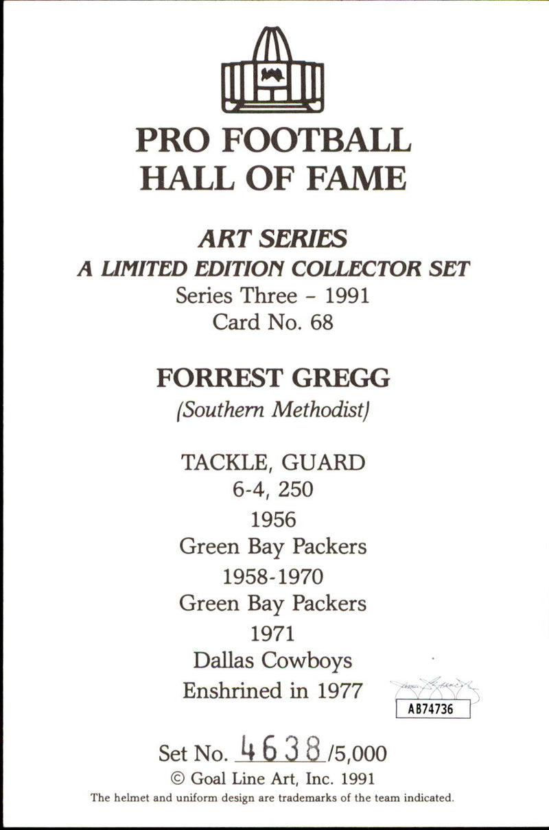 Forrest Gregg HOF Autographed Goal Line Art GLAC Postcard Packers JSA