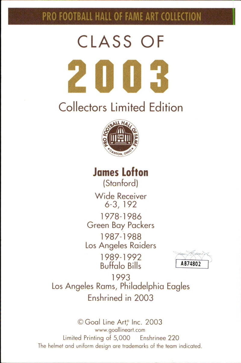 James Lofton HOF Autographed/Inscribed Goal Line Art GLAC Postcard Packers JSA