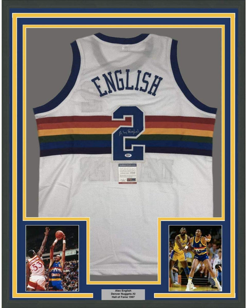 Framed Autographed/Signed Alex English 35x39 Denver White Basketball Jersey PSA/DNA COA