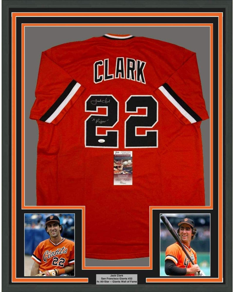 Framed Autographed/Signed Jack Clark The Ripper 35x39 San Francisco Orange Baseball Jersey JSA COA