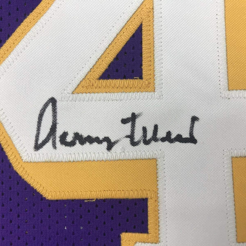 Framed Autographed/Signed Jerry West 35x39 Los Angeles LA Purple Basketball Jersey JSA COA