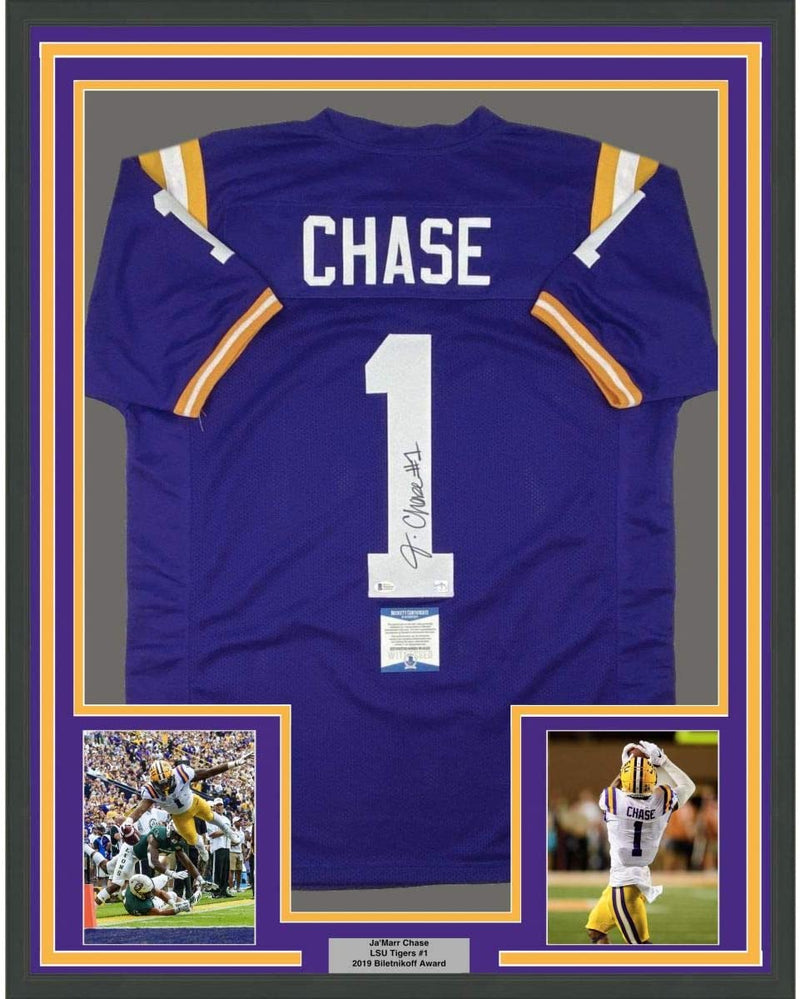 Framed Autographed/Signed Ja'Marr Chase 35x39 LSU Purple College Football Jersey Beckett BAS COA