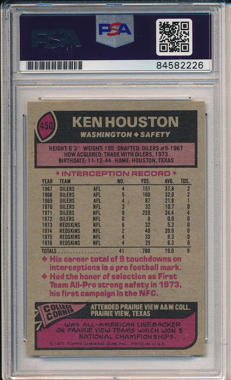 Kenny Houston HOF Signed/Auto 1977 TOPPS Card #450 Redskins PSA/DNA