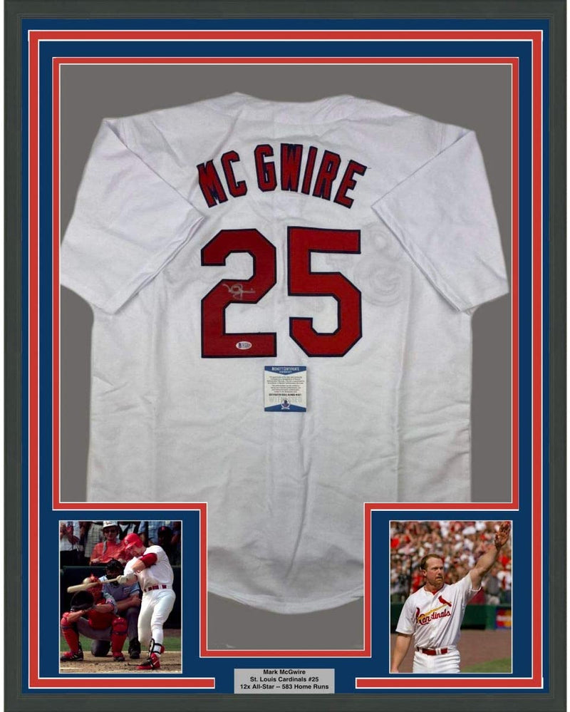 Framed Autographed/Signed Mark McGwire 35x39 St. Louis White Baseball Jersey JSA COA