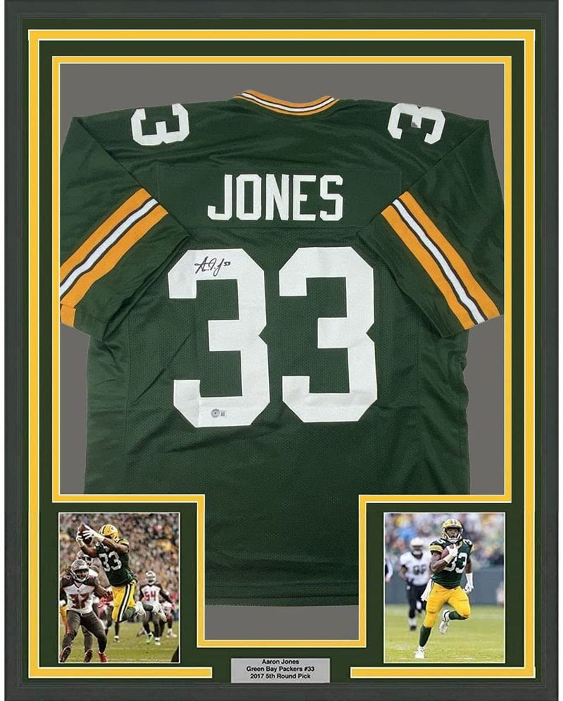 Framed Autographed/Signed Aaron Jones 35x39 Green Bay Green Football Jersey Beckett BAS COA