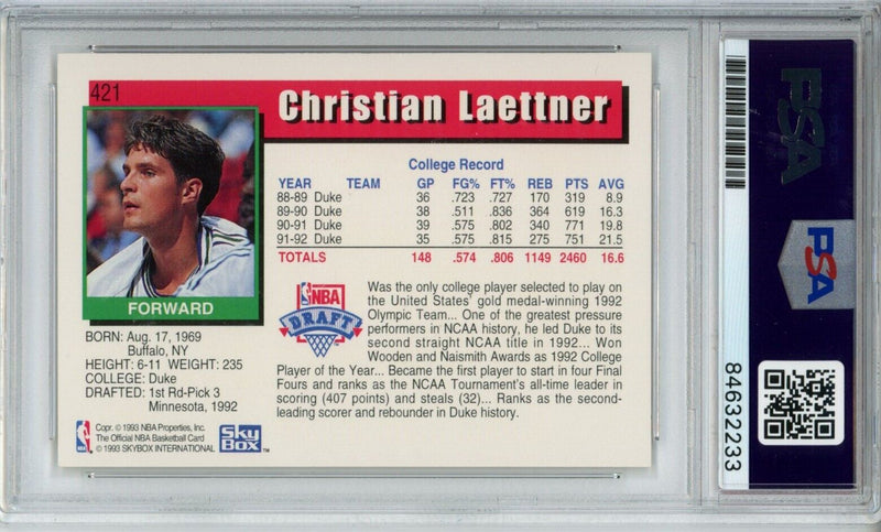 1993 Skybox NBA Hoops Rookie #421 Christian Laettner Timberwolves PSA/DNA