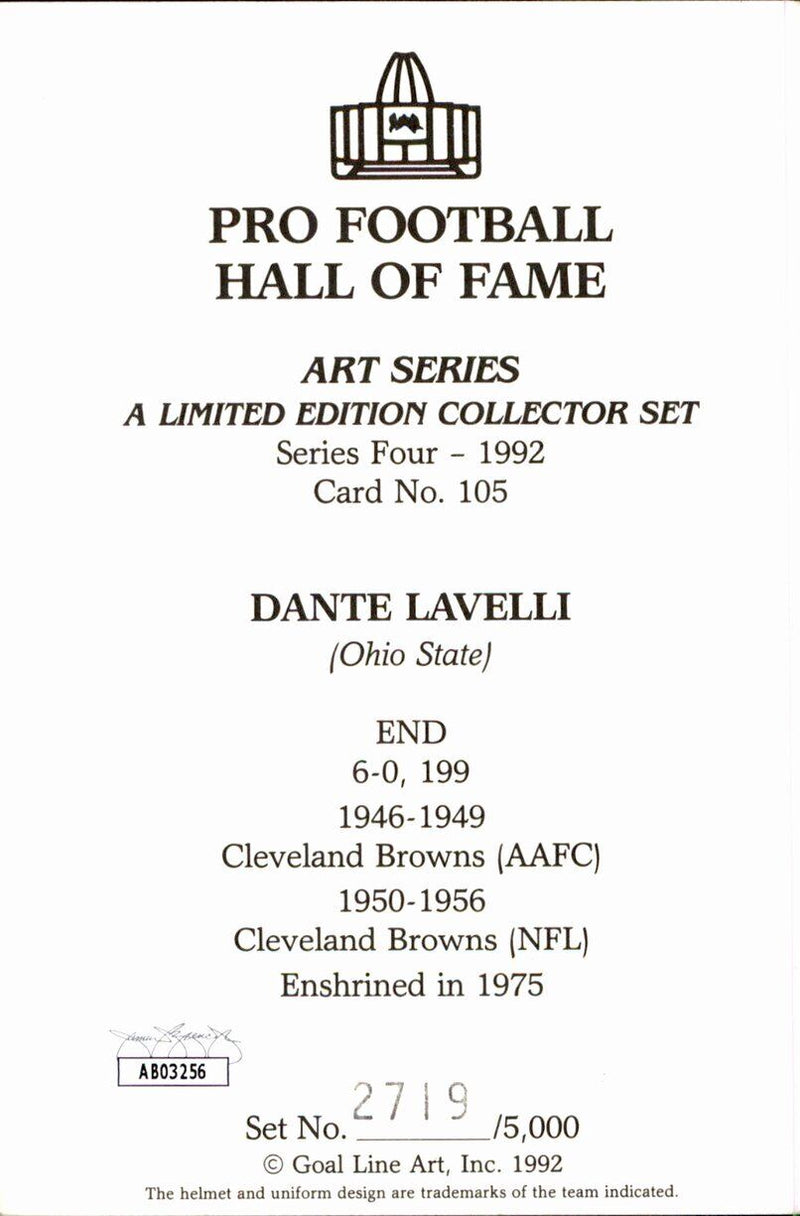 Dante Lavelli HOF Browns Signed/Inscr Goal Line Art GLAC Postcard JSA 167144