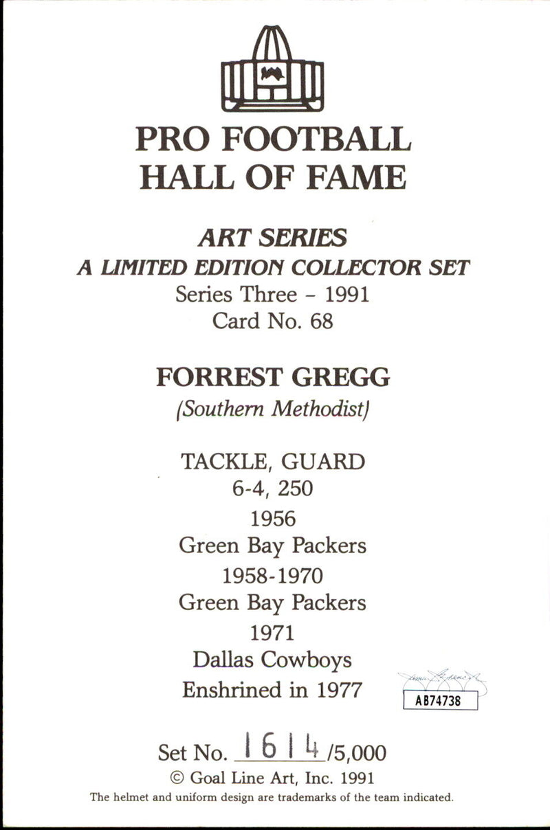 Forrest Gregg HOF Autographed/Inscribed Goal Line Art GLAC Postcard Packers JSA