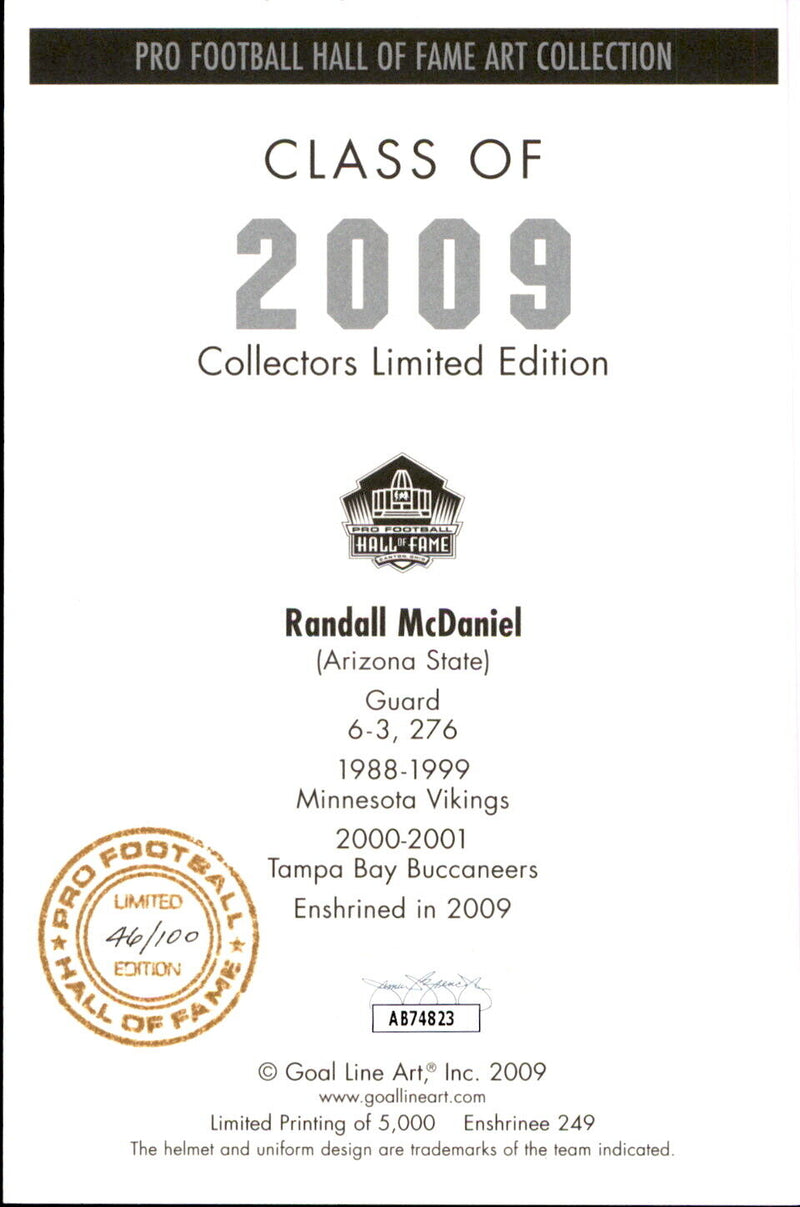 Randall McDaniel HOF Autographed Goal Line Art GLAC Postcard Vikings JSA