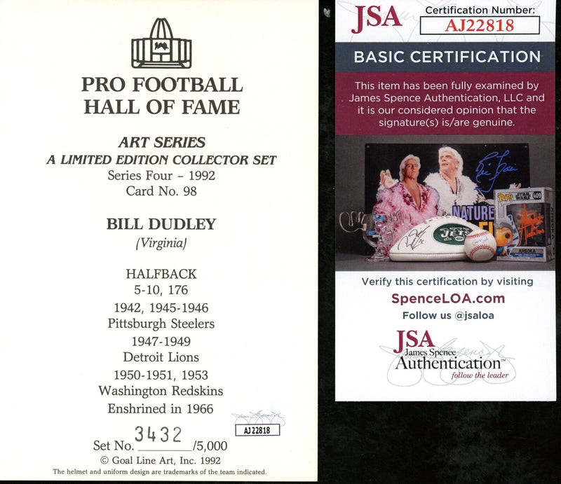 Bill Dudley HOF Autographed/Insc Goal Line Art GLAC Postcard Redskins JSA 177810