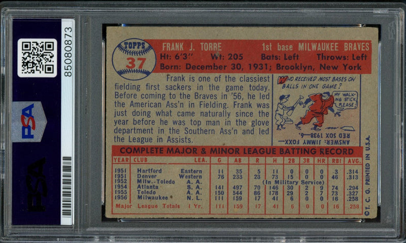 1957 TOPPS Frank Torre #37 Auth Card Signed Milwaukee Braves PSA/DNA 184115