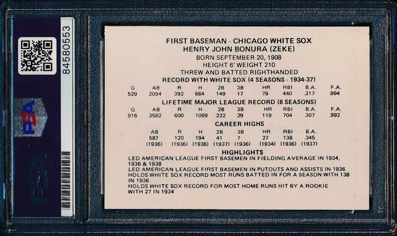 Zeke Bonura Signed/Auto 1976 Chicago's Greats Card Chicago White Sox PSA/DNA
