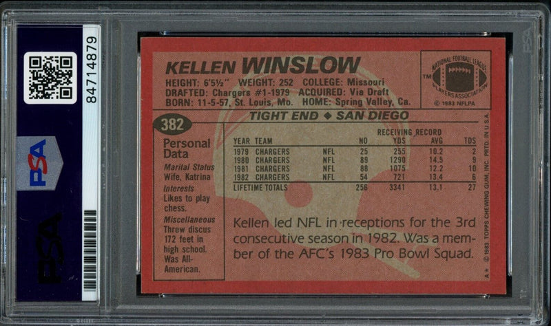 1983 TOPPS Kellen Winslow HOF #382 Authentic Card Signed Chargers PSA/DNA 176691