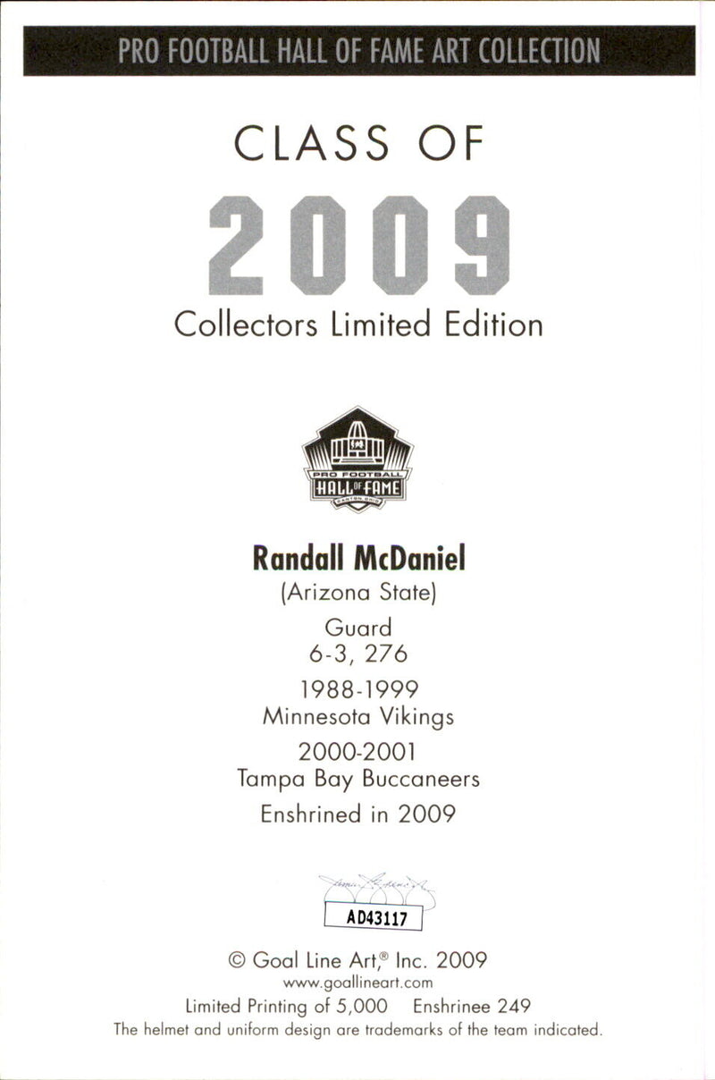Randall McDaniel HOF Autographed Goal Line Art GLAC Postcard Vikings JSA