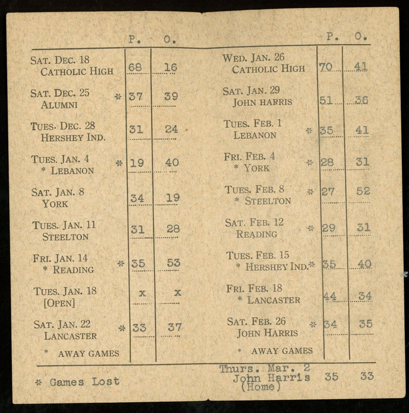 1943-44 William Penn High School Basketball 3x5 Pocket Schedule Harrisburg, PA