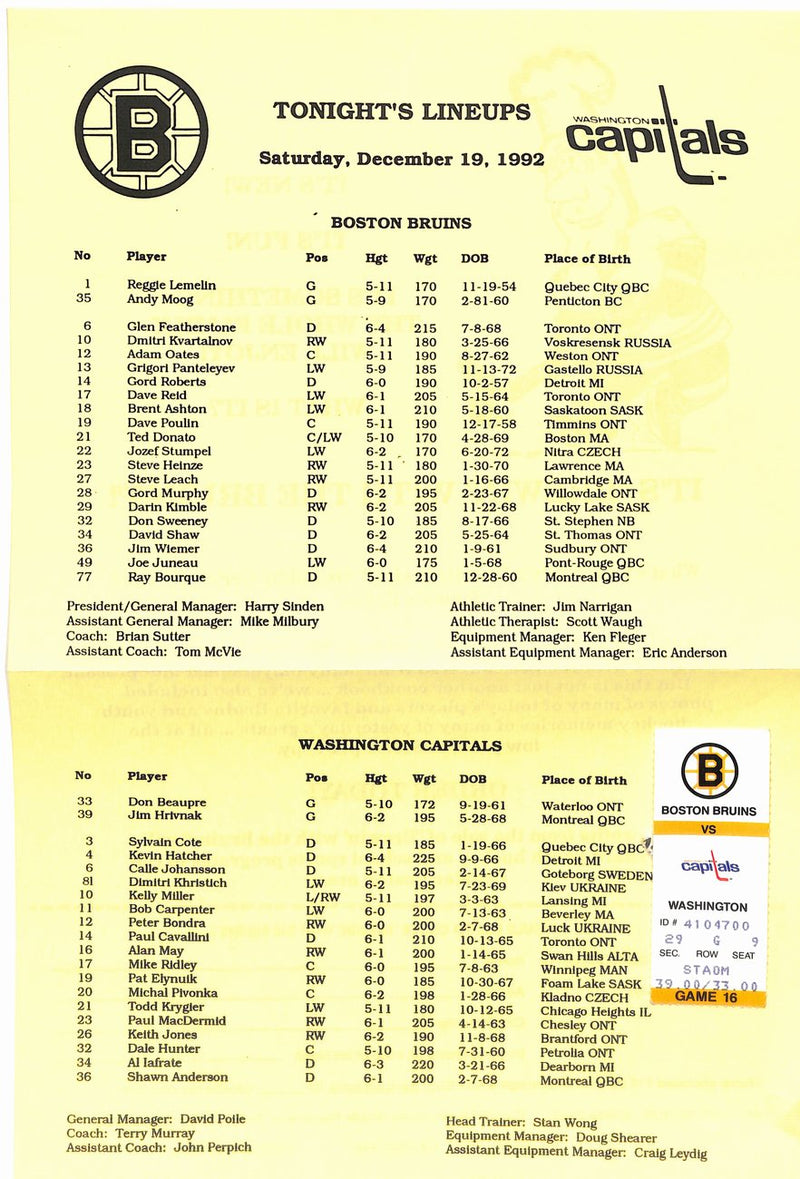 December 19 1992 Boston Bruins vs Capitals Game Program/Ticket Stub 182003