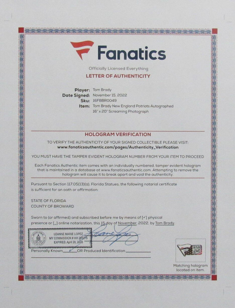 Tom Brady Autographed 16x20 Photo New England Patriots Framed Fanatics 177226