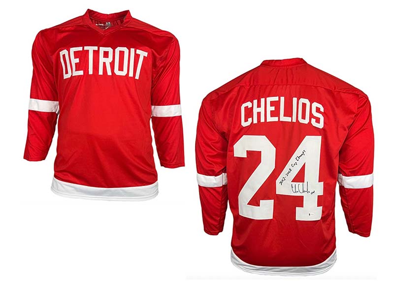 Chelios Chris Autographed Custom Red Hockey Jersey Blackett 2002-2008 Cup Champ Inscription