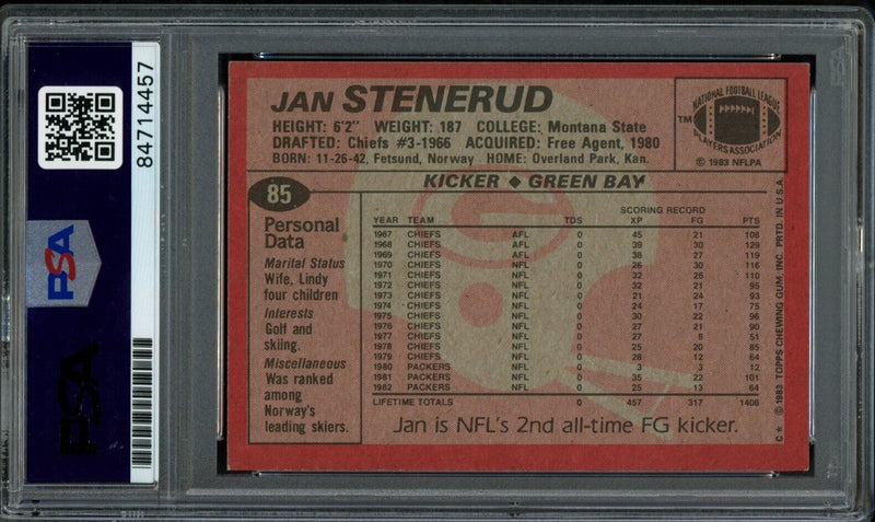 1983 TOPPS Jan Stenerud HOF #85 Authentic Card Signed Packers PSA/DNA 176695