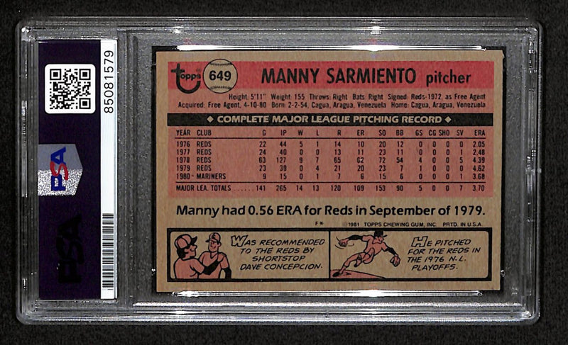 Manny Sarmiento Signed 1981 Topps Card #649 Seattle Mariners PSA/DNA 184519