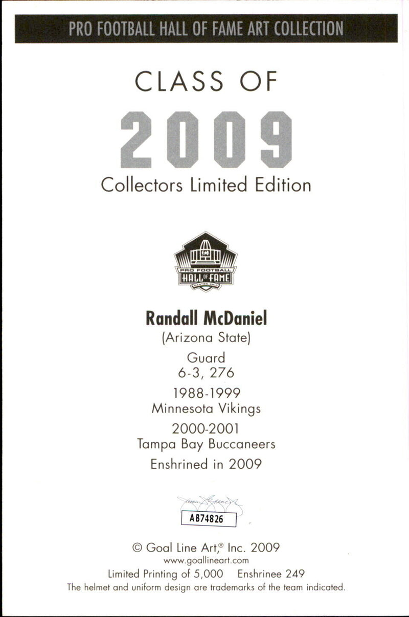 Randall McDaniel HOF Autographed/Inscr Goal Line Art GLAC Postcard Vikings JSA