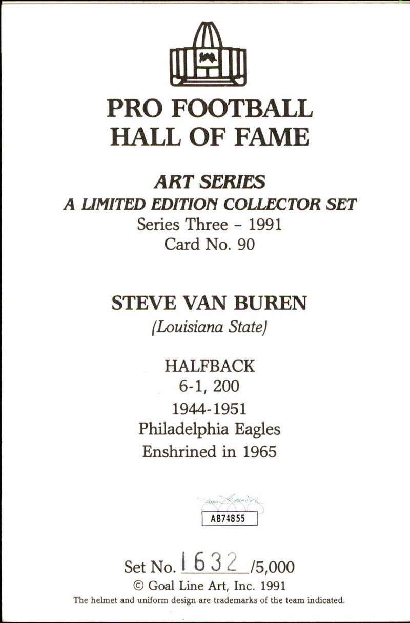 Steve Van Buren HOF Autographed Goal Line Art GLAC Postcard Eagles JSA