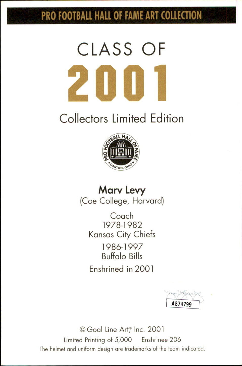 Marv Levy HOF Autographed/Inscribed Goal Line Art GLAC Postcard Bills JSA