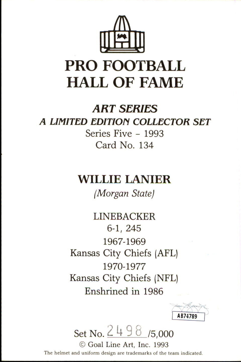 Willie Lanier HOF Autographed/Inscribed Goal Line Art GLAC Postcard  Chiefs JSA